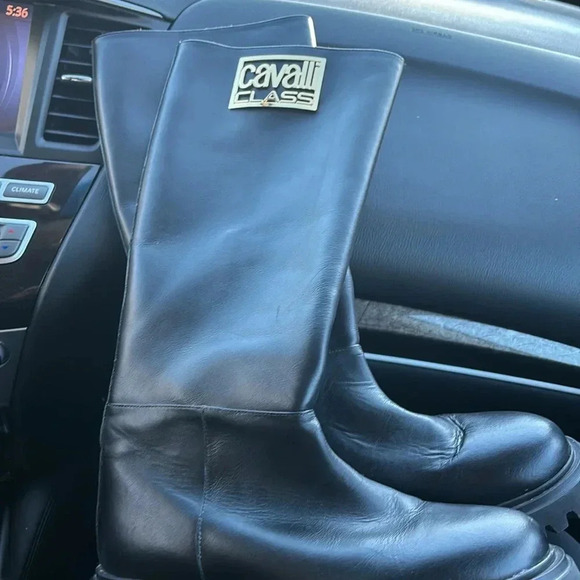 Cavalli Class Black  Knee high Calf skin Leather Combat Boots Sz 8 - Picture 5 of 17